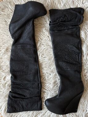Rock & Republic Able Black Tumbled Leather Scrunched Thigh High Wedge Boots 39